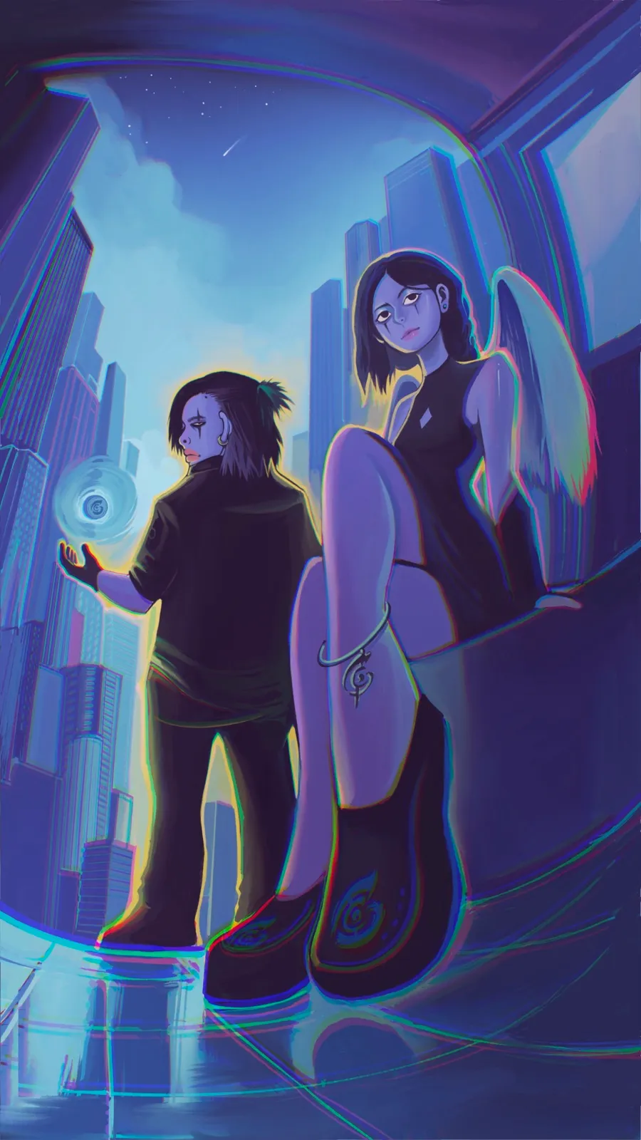 KimGoc 概念美術 — 夜景天際線前的兩名角色與發光圓盤